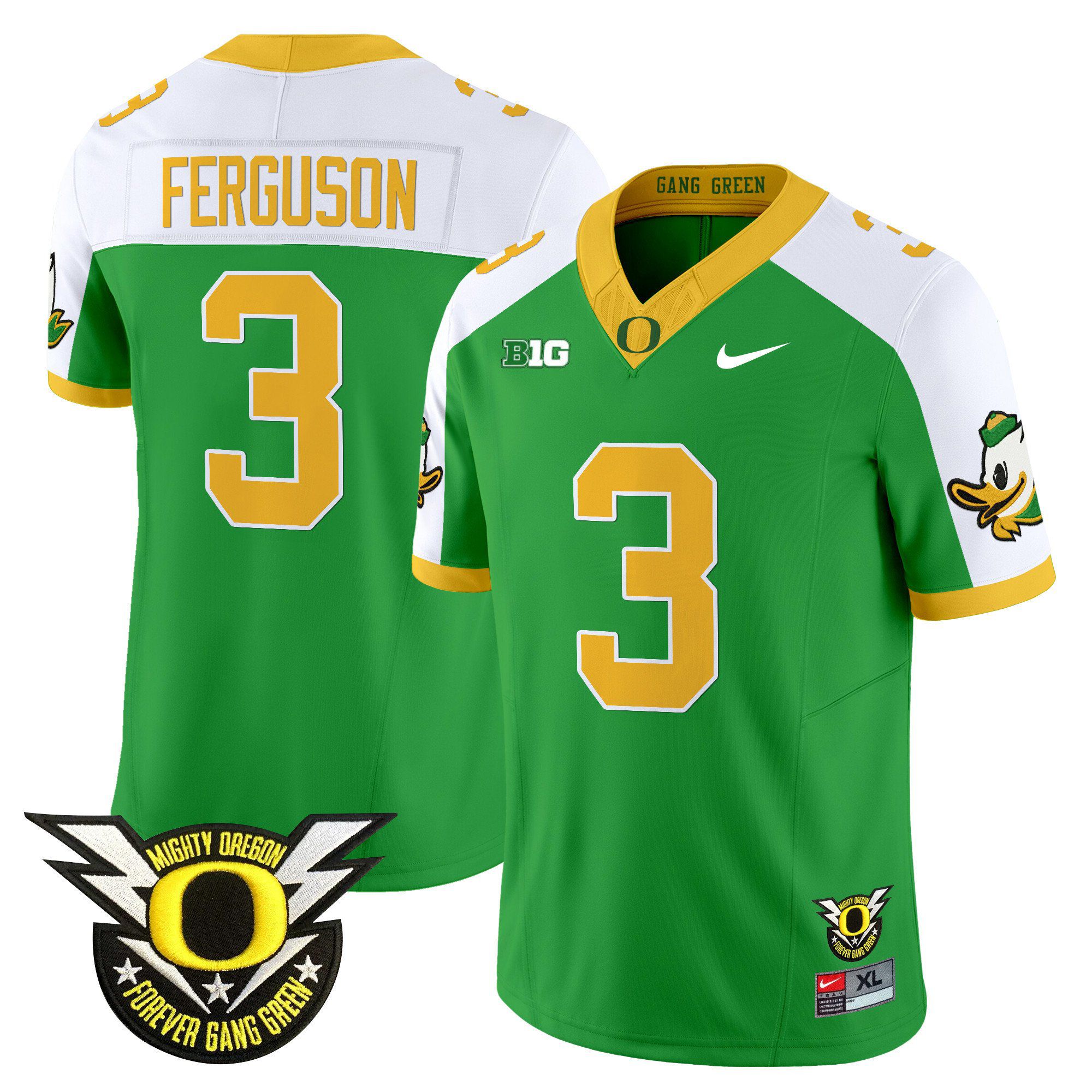 Men Oregon Ducks #3 Ferguson Green 2024 Nike Forever Gang Green & BIG Patch Vapor Limited NCAA Jersey style 1